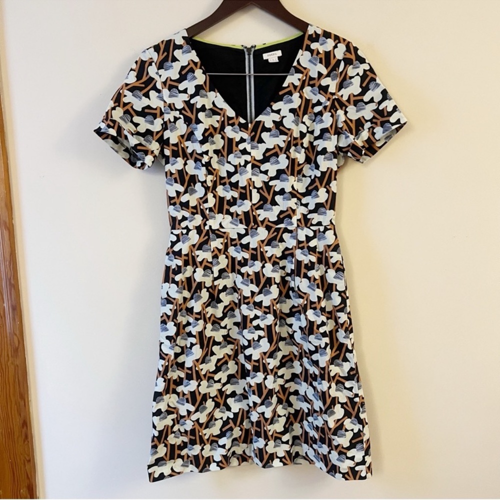 Fossil Floral Printed Fitted Mini Dress Size 4 A-line Short sleeves Blue/Tan
